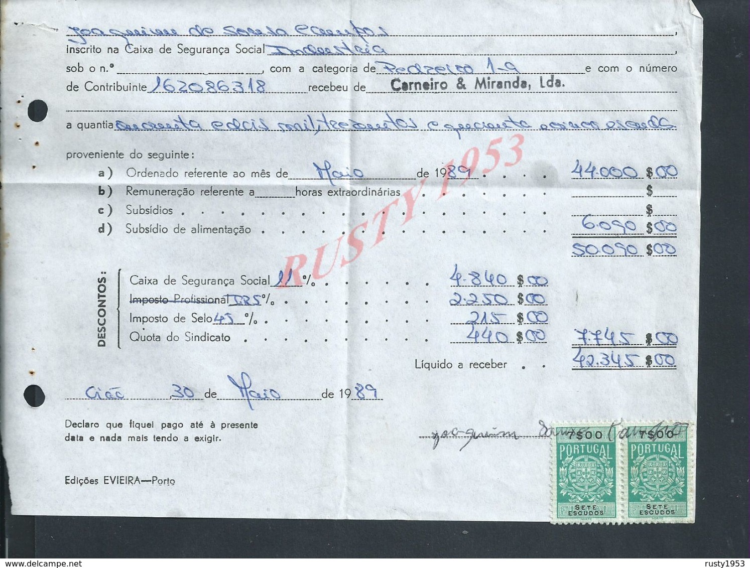 DOCUMENT COMMERCIAL 1989 DE CARNEIRO & MIRANDA GIAO VILA DO CONDE SUR TIMBRES FISCAUX DU PORTUGAL : - Lettres & Documents