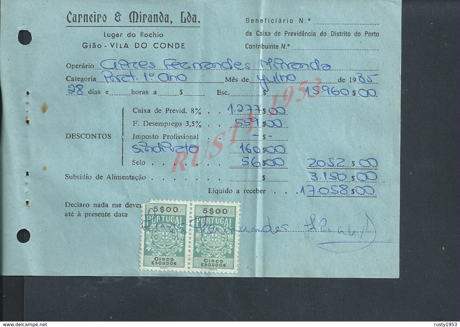 DOCUMENT COMMERCIAL 1985 DE CARNEIRO & MIRANDA GIAO VILA DO CONDE SUR TIMBRES FISCAUX DU PORTUGAL : - Storia Postale