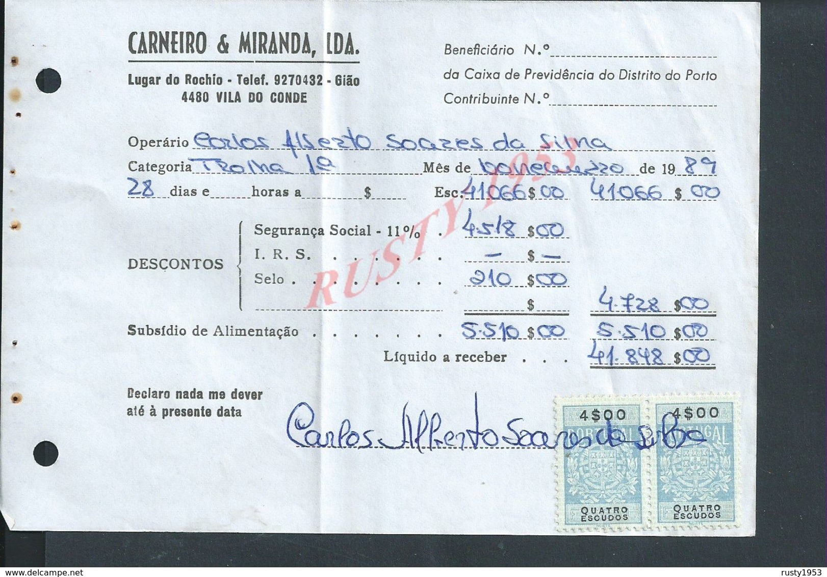 DOCUMENT COMMERCIAL 1989 DE CARNEIRO & MIRANDA GIAO VILA DO CONDE SUR TIMBRES FISCAUX DU PORTUGAL : - Covers & Documents