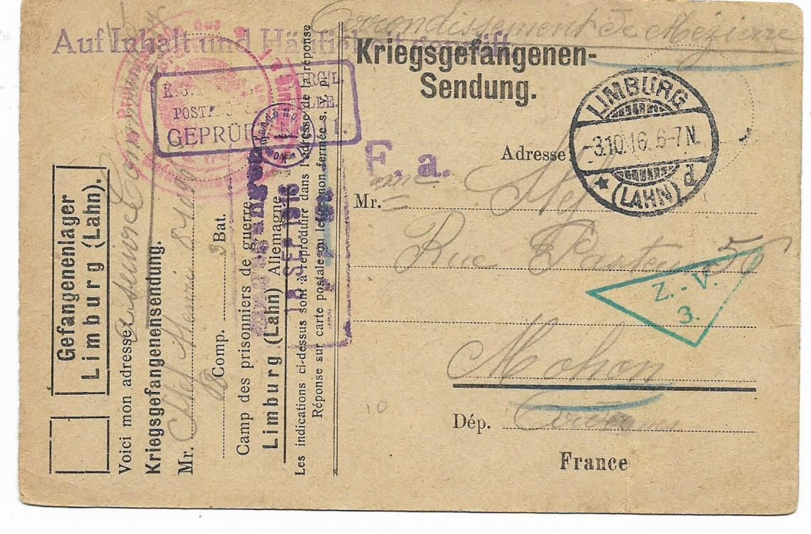 WW1-1916- Camp De LIMBURG-LAHN -prisonnier Français -cachets Triangle Z.V.3. + Censure + Cachet Rouge  2 Scans - Guerre De 1914-18