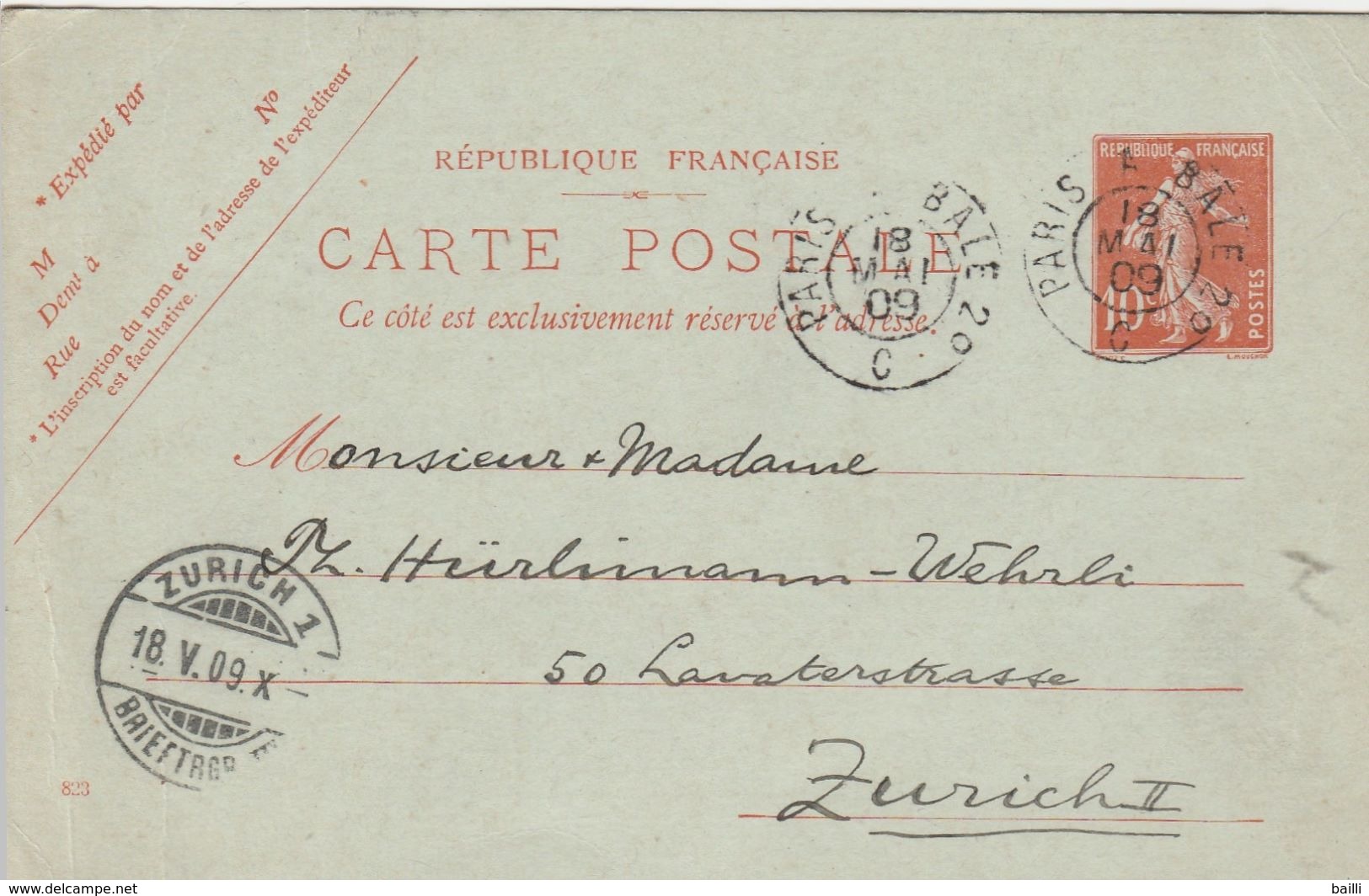 France Ambulant Paris à Bâle Sur Entier Postal Pour La Suisse 1909 - Correo Ferroviario