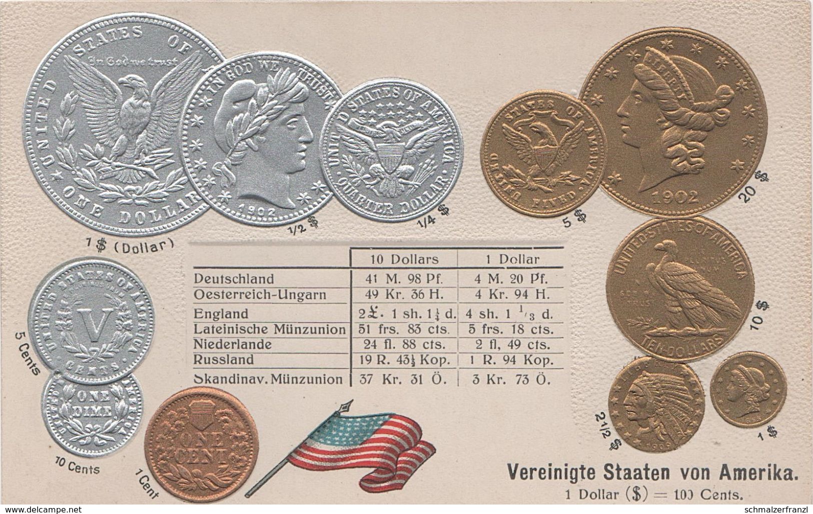 Litho Münzkarte AK United States America USA Etats Unis Amerique Dollar Cent 1853 Liberty Nationalflagge Coin Pièce - Wall Street