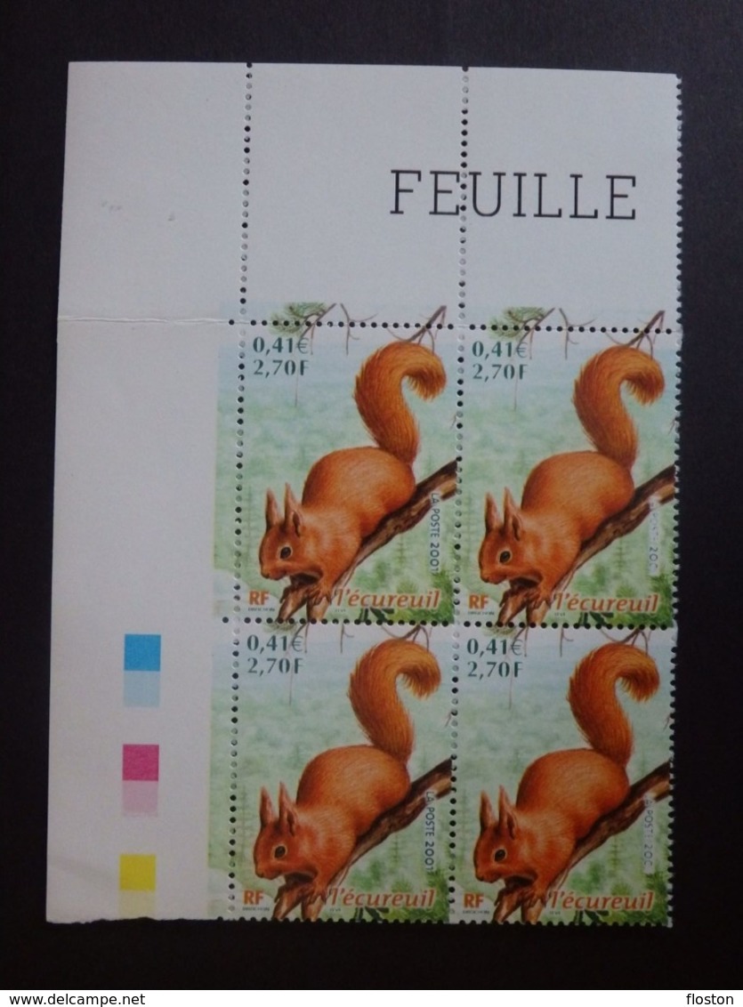 N°3381 LUXE** - Ecureuil - 2€70 - Bloc De 4 - Impression Dépouillée De ''LA POSTE 2001'' - Dentelé 13½ - Gomme D'origine - Unused Stamps