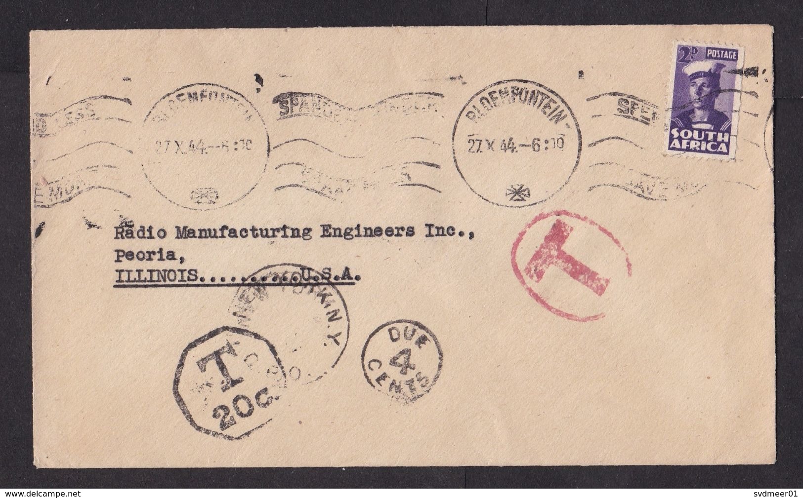 South Africa: Cover To USA, 1944, 1 Small Stamp, Sailor, Postage Due Cancel, Taxed, Via New York (traces Of Use) - Brieven En Documenten