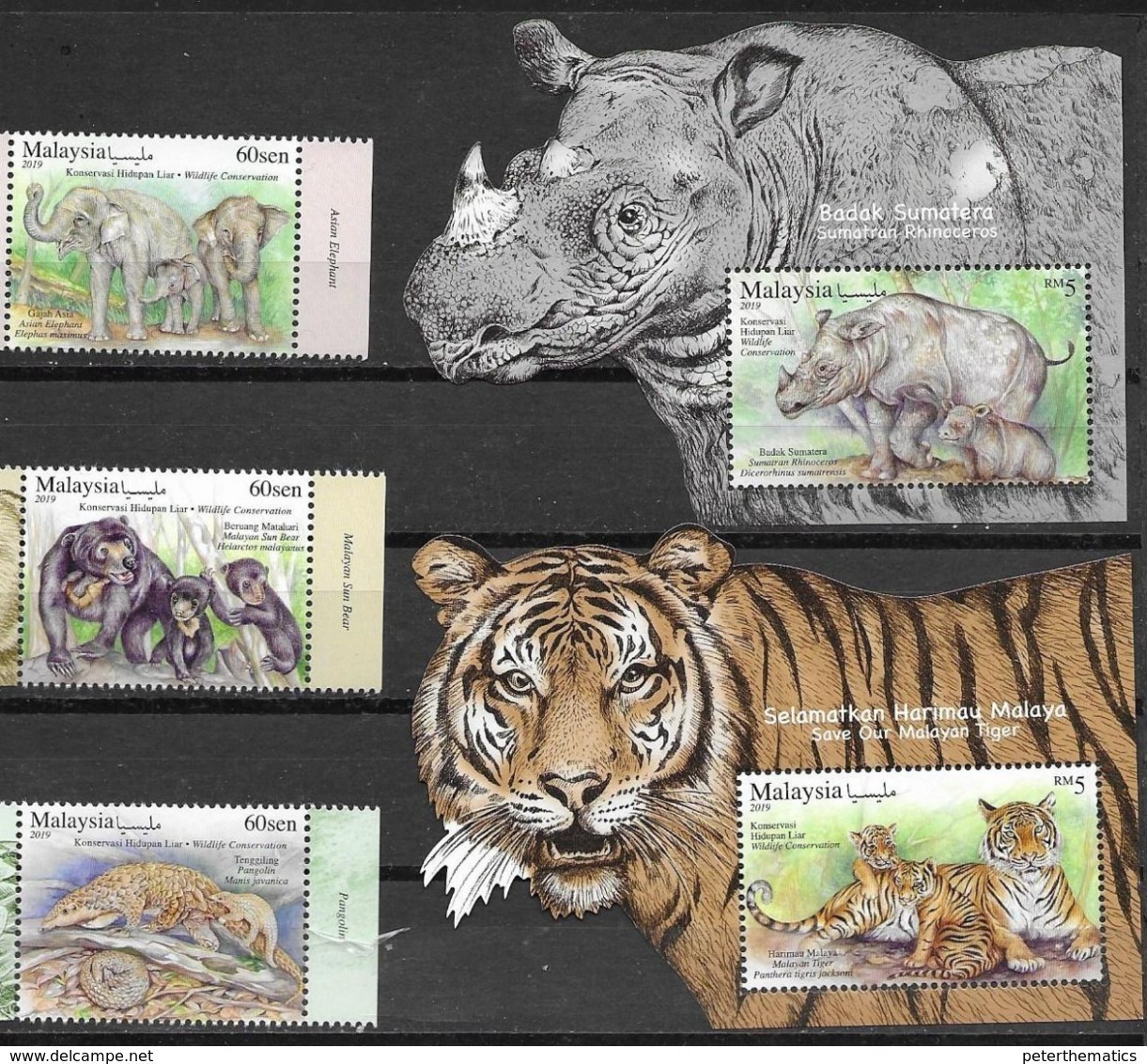 MALAYSIA, 2019, MNH, WILDLIFE CONSERVATION, RHINOS, TIGERS, ELEPHANTS, BEARS, PANGOLINS, 3v+ 2 S/SHEETS - Big Cats (cats Of Prey)
