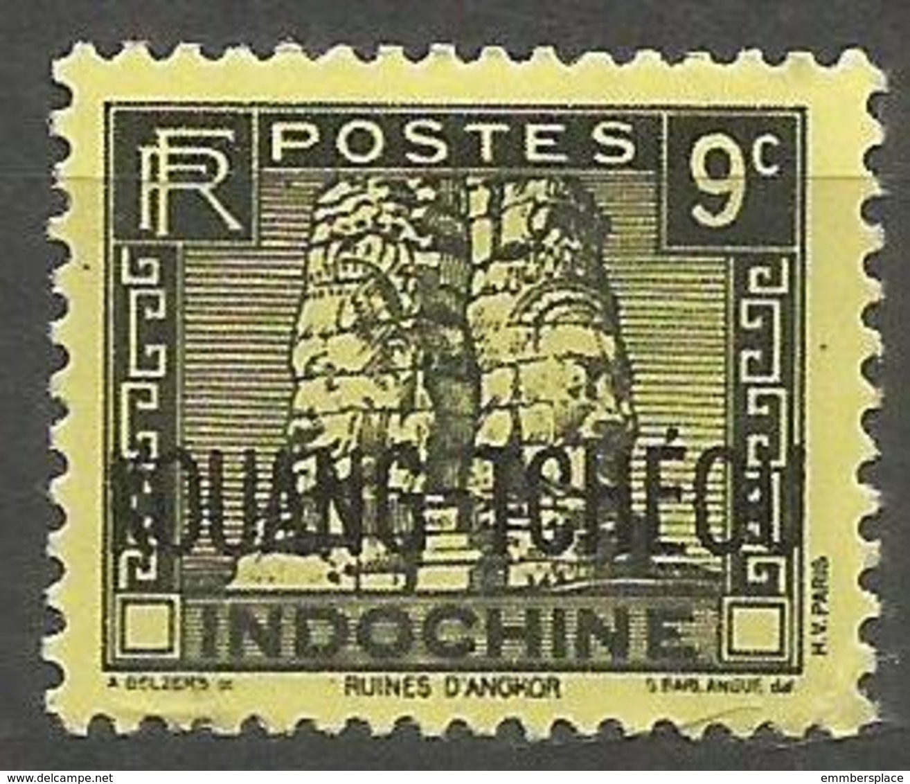 Kouang-Tcheou - 1937 Angkor Wat 9c Black Overprint MH *     Sc 116d - Unused Stamps