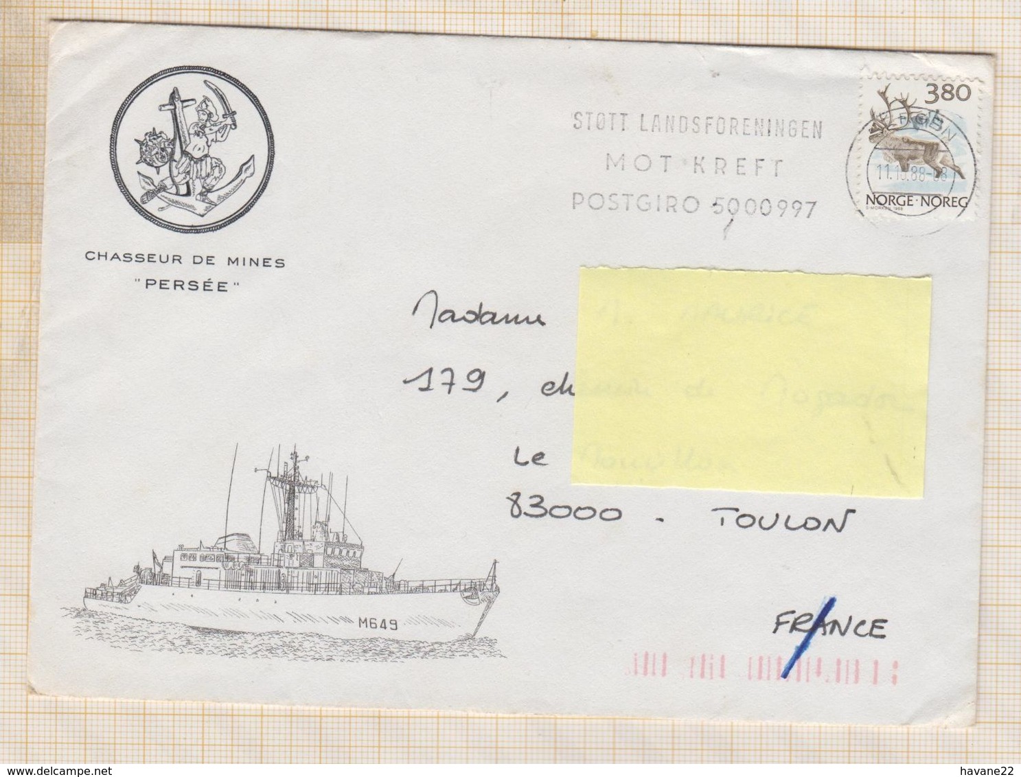 20T18 MARCOPHILIE Militaire CHASSEUR DE MINES PERSEE NORVEGE 1988 - Lettres & Documents