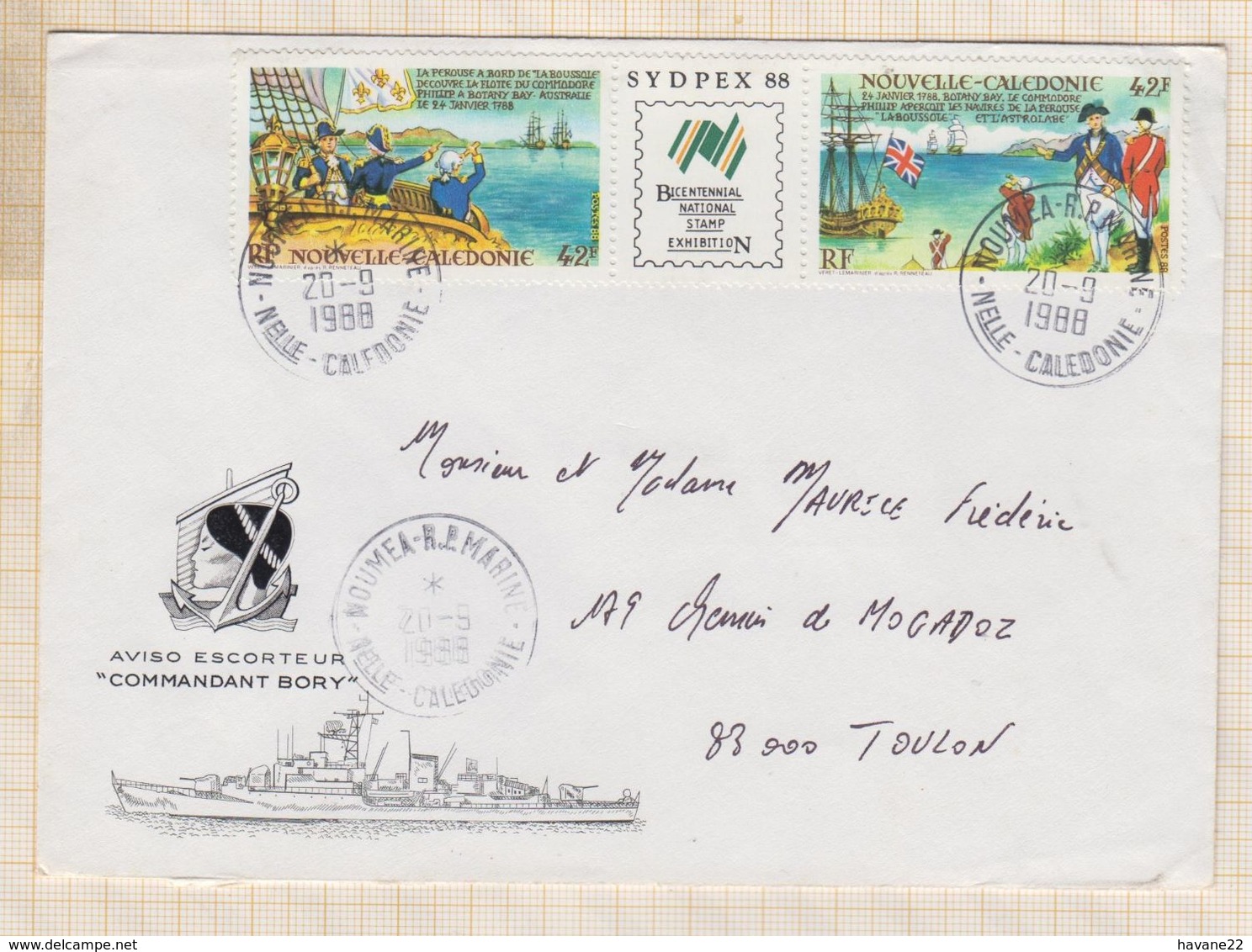 20T35 MARCOPHILIE Militaire AVISO ESCORTEUR COMMANDANT BORY SYDPEX 88 NOUMEA - Cartas & Documentos