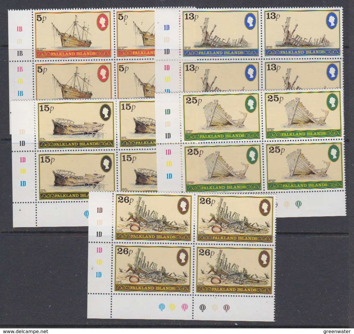 Falkland Islands 1982 Shipwrecks 5v  Bl Of 4 (corners) ** Mnh (48667A) - Falkland Islands