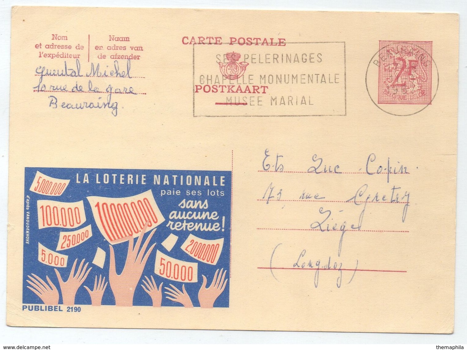 BELGIQUE - LOTERIE - LOTO / 1967 PUBLIBEL # 2190 ENTIER POSTAL ILLUSTRE VOYAGE (ref E1116) - Publibels