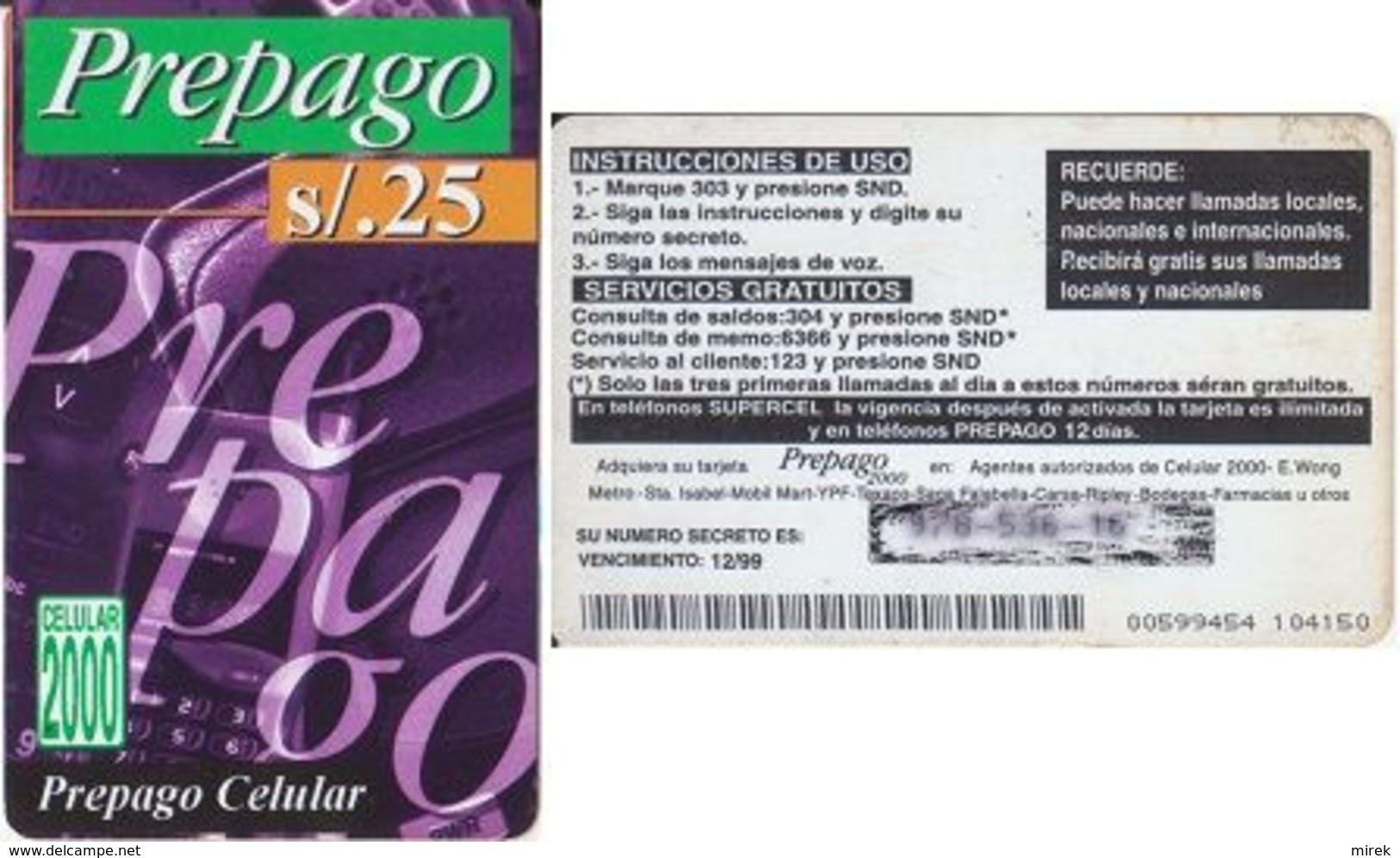 105/ Peru; Celular 2000, Old Prepaid GSM Card - Peru