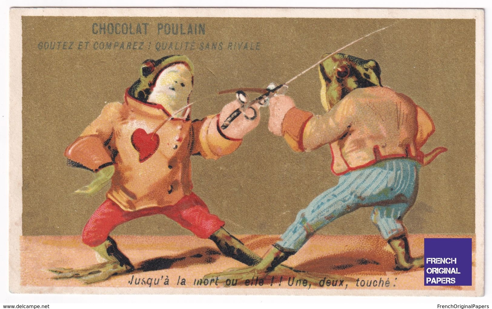 Rare Chromo Chocolat Poulain Testu & Massin 1895 Thème Grenouille Humanisée Anthropomorphisme Escrime épée Duel A37-44 - Poulain