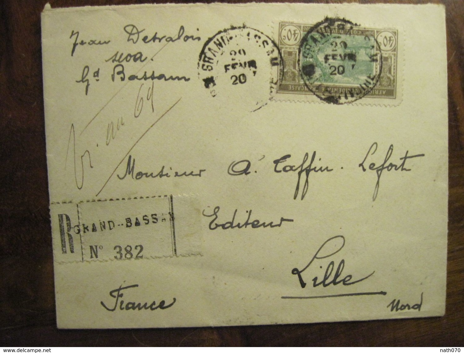 Cote D'Ivoire 1920 France Grand Bassam Lettre Enveloppe Cover Colonie Recommandé Reco AOF Taffin Lefort - Brieven En Documenten