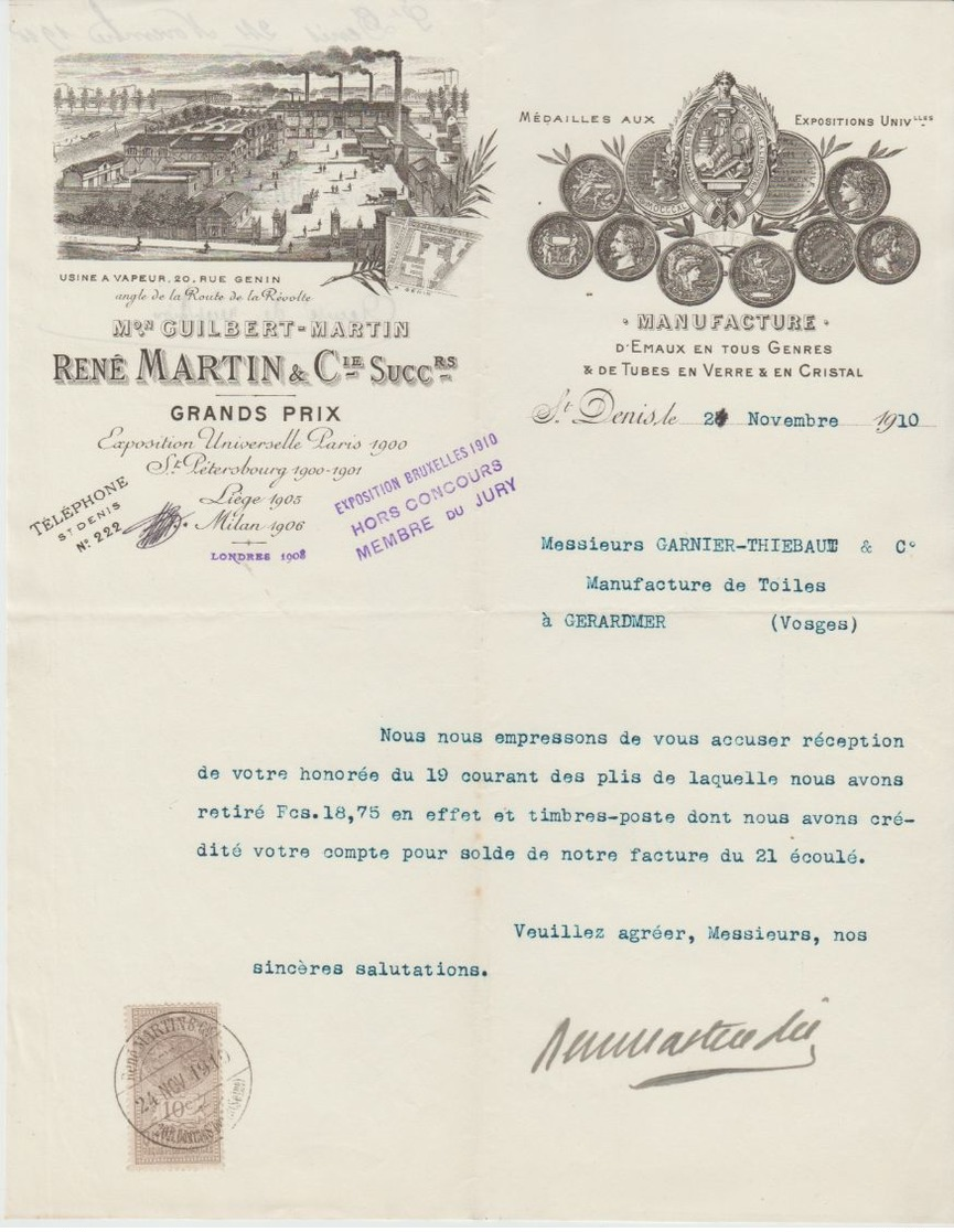 SEINE: GUILBERT-MARTIN, Manufacture De Tubes Verre & Cristal, Emaux, R. Genin à St Denis / L. De 1910 - Altri & Non Classificati