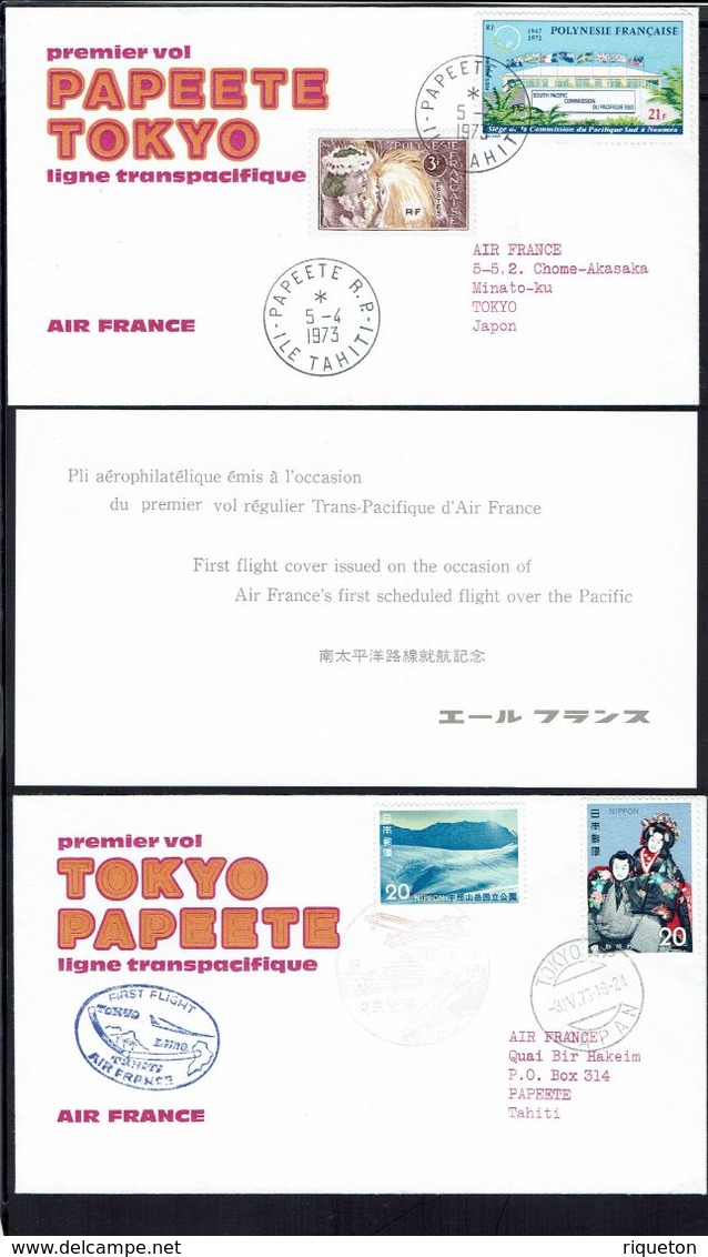 Polynésie Fr - Japon - 1973 - Deux Enveloppes Premier Vol Régulier Trans-Pacifique D'Air France Papeete Tokio Et Retour. - Briefe U. Dokumente