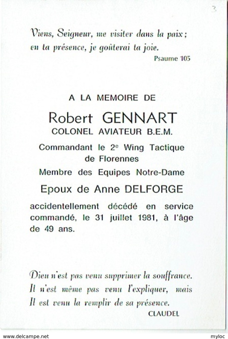 Doodsprentje/Image Mortuaire. Militaria. Robert Gennart, Colonel Aviateur , Commandant 2e Wing De Florennes. 31/7/1981 - Devotion Images