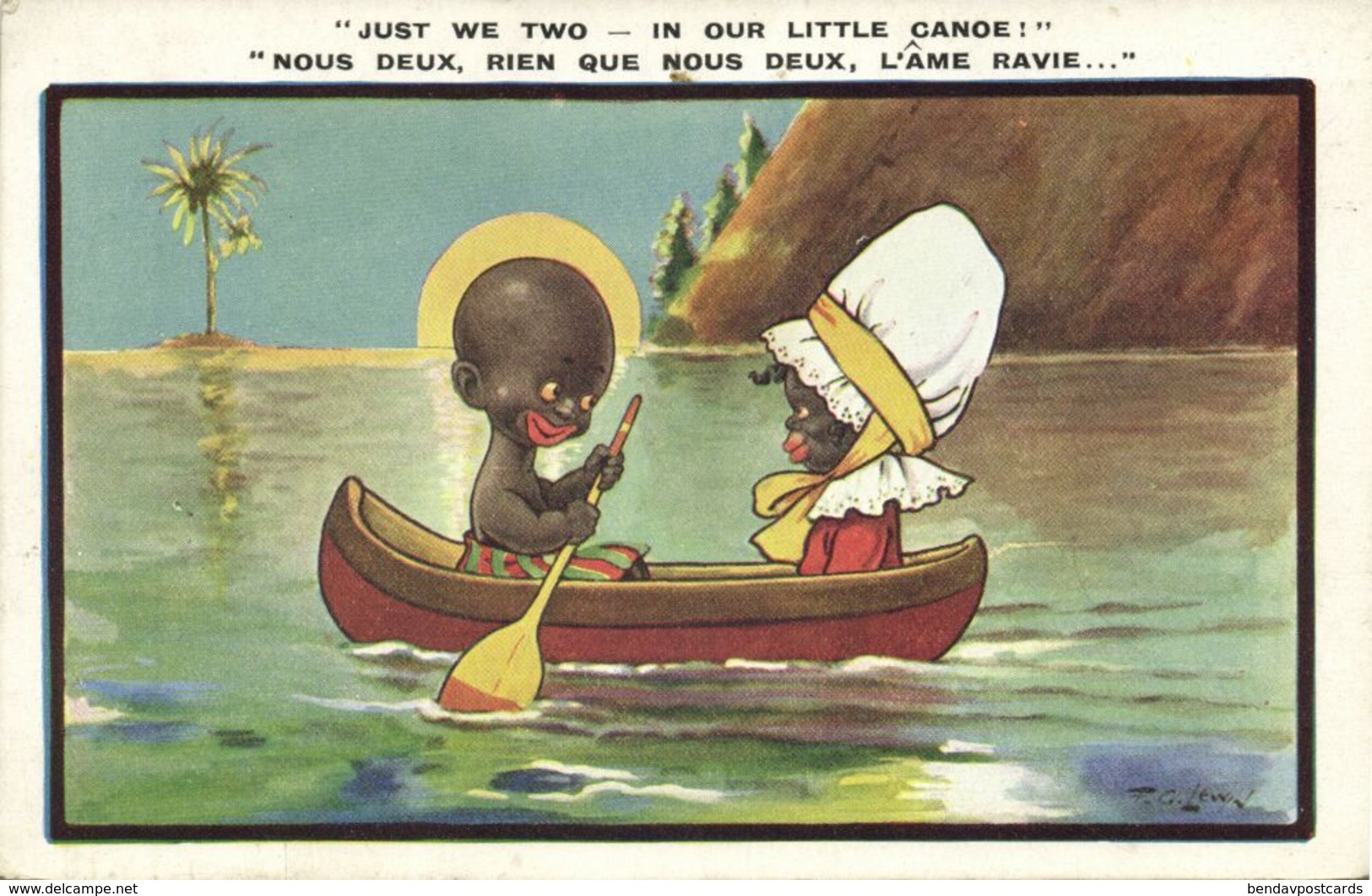 Black Americana, "Just We Two Little Canoe!", Signed Lewin (1920s) Postcard 6914 - Black Americana