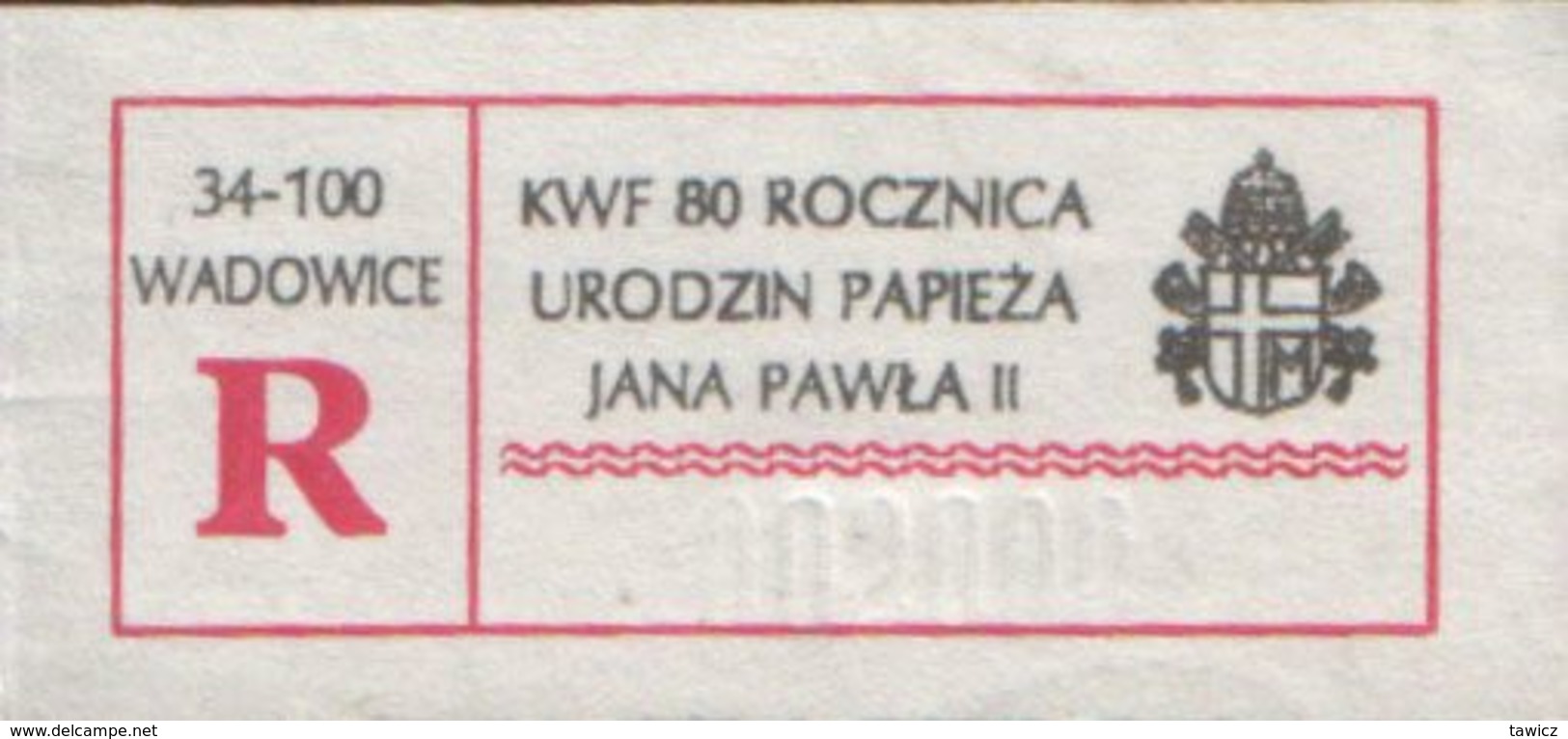 POLAND, Wadowice 2000, Rare Specimen Special Registered Label: 80 Anniversary Of Pope John Paul II, National Philatelic - Abarten & Kuriositäten