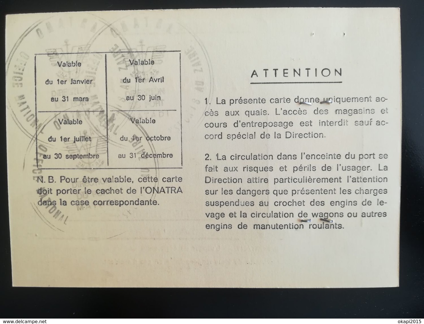 LAISSER-PASSER DE L ONATRA POUR PORT DE MATADI BAS-CONGO ZAÏRE POUR BELGE CACHET LOGO PHOTO - PASSEPORT - Tickets - Vouchers