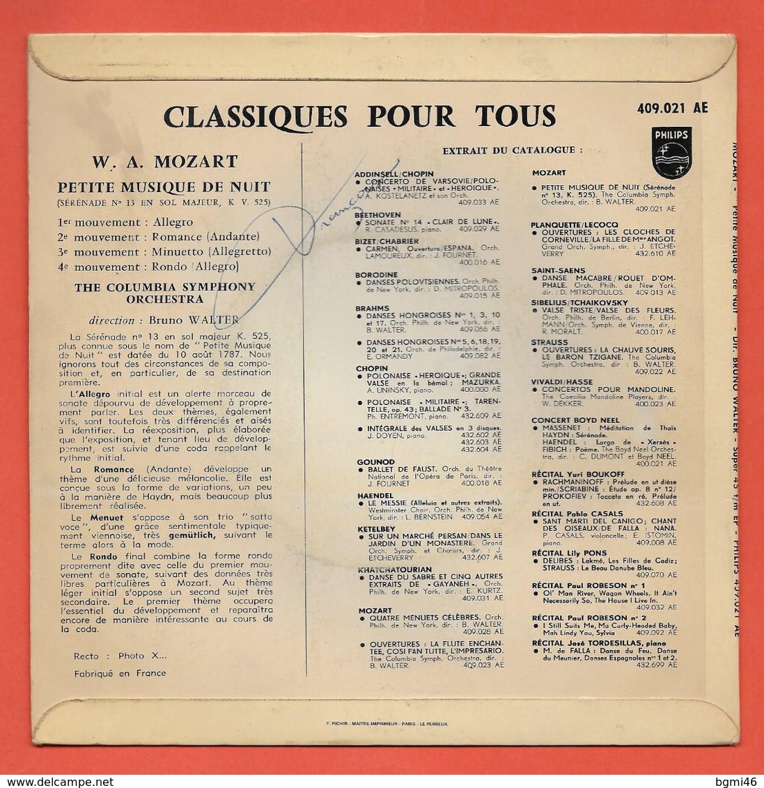 Disque Vinyle 45 Tours : THE COLUMBIA SYMPHONY ORCHERSTRA  : Petite Musique De Nuit..Scan A : Voir 2 Scans - Musicals