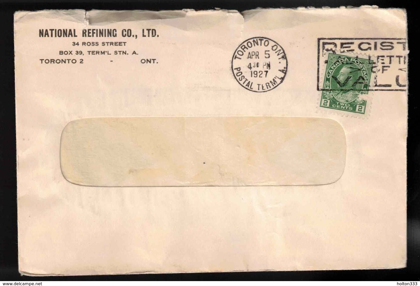 CANADA Scott # 107 On Cover - National Refining Company Corner Ad - Small Tears - Postgeschiedenis