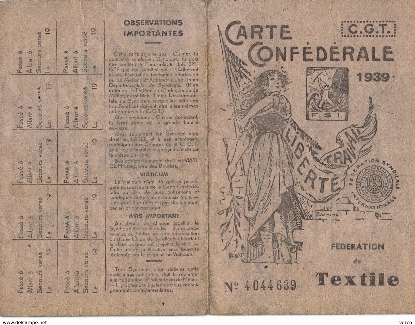 VIEUX  PAPIERS  De  La FEDERATION Du TEXTILE - Carte CGT De 1939 D'ARMENTIERES (59) - Non Classificati