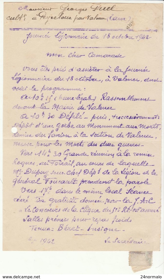 Tarn, Convocation Légion Française Des Combattants Journée Du 18/10/1942 50c.o.Valence D'Albigeois (2 Scans) - Guerre De 1939-45