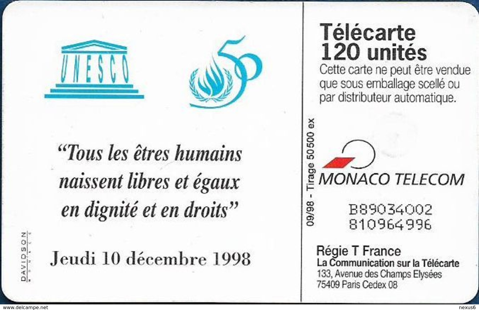 Monaco - MF51 - 1948-1998 Droits De L'Homme - Gem1B Not Symm. White/Gold, 09.1998, 120Units, 50.500ex, Used - Monaco