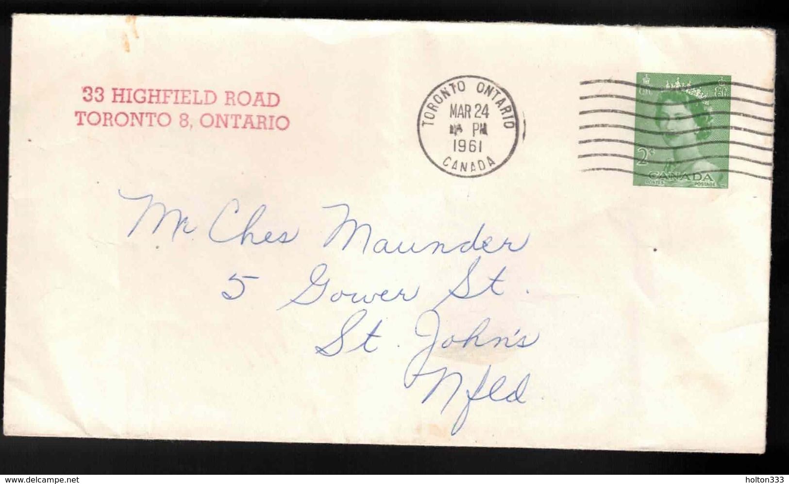 CANADA Scott # U73 On Cover - Toronto To St. John's March 24, 1961 - Histoire Postale