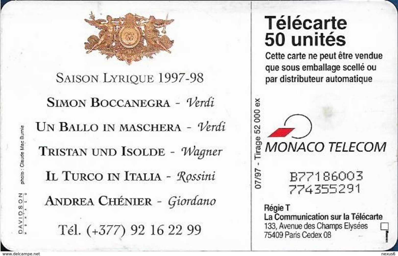 Monaco - MF46 (003) - Opéra De Monte-Carlo - Gem1B Not Symm. Red, Cn. B77xxx003, 07.1997, 50Units, 52.000ex, Used - Monaco