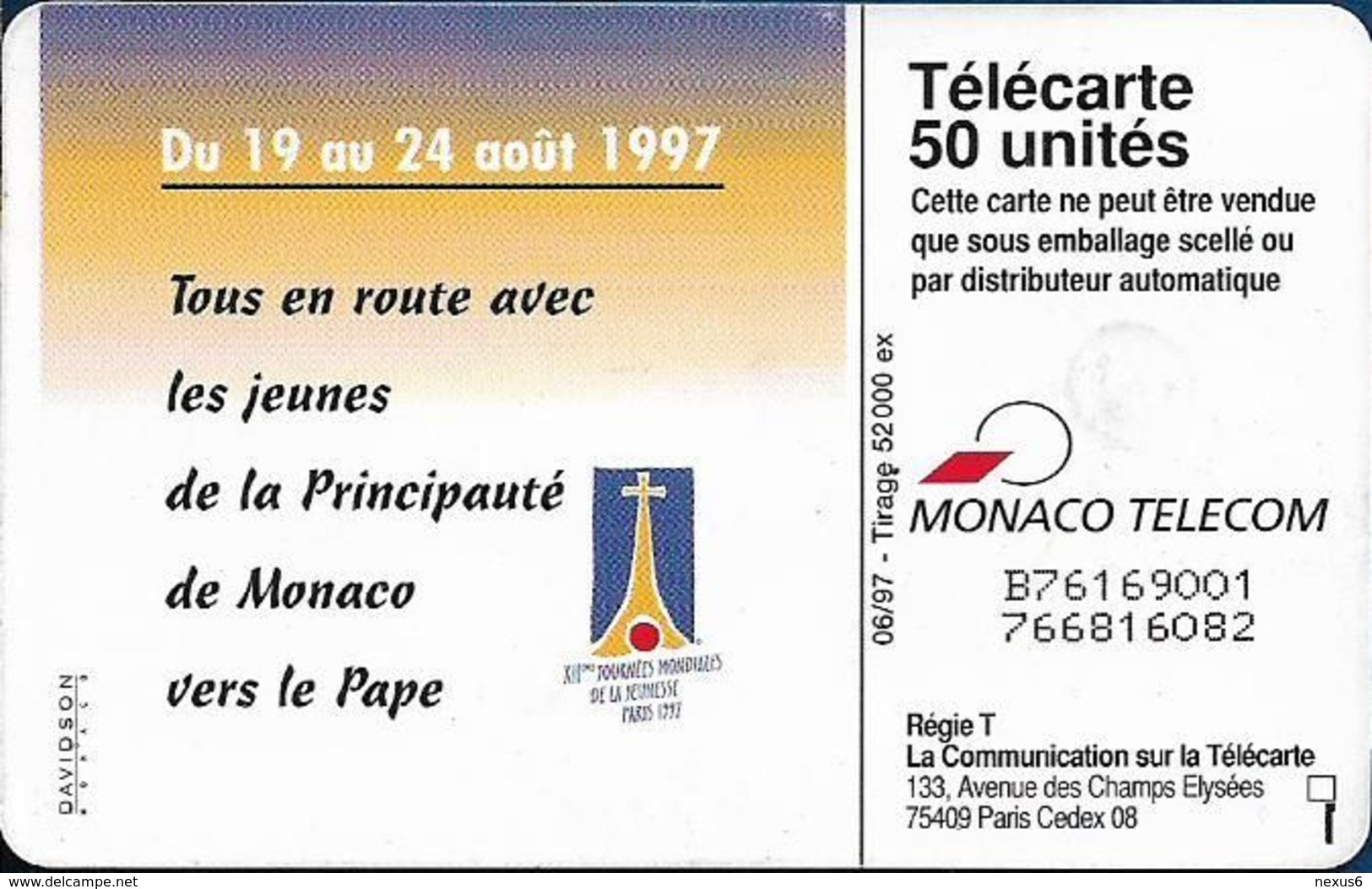 Monaco - MF45 - XIIe Journées Mondiales De La Jeunesse - Gem1A Symm. Black, 06.1997, 50Units, 52.000ex, Used - Monaco