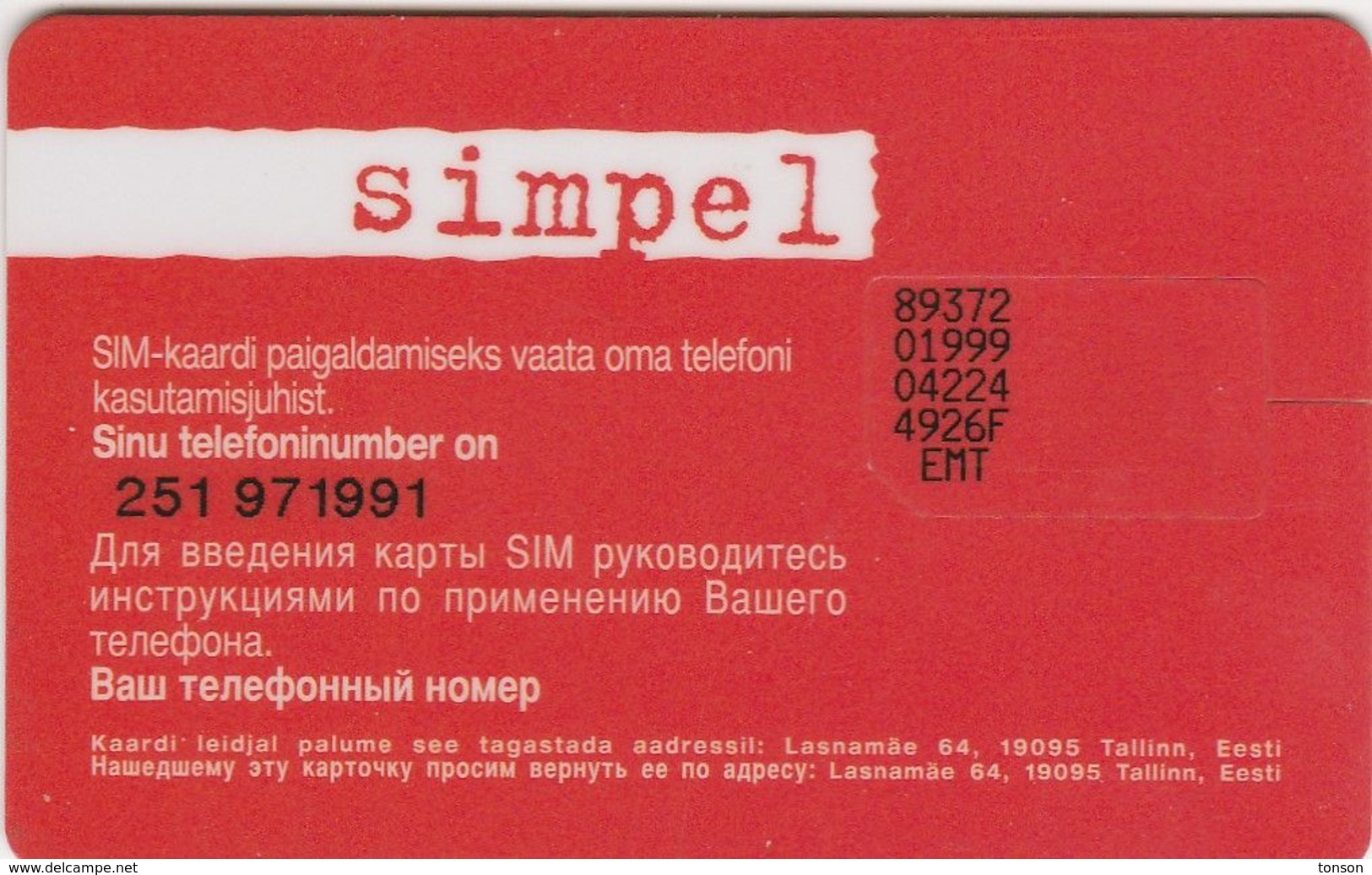 Estonia, EE-EMT/Simpel-001a, GSM / SIM Card With Chip, Simpel, Black, 1999, 2 Scans. - Estonie