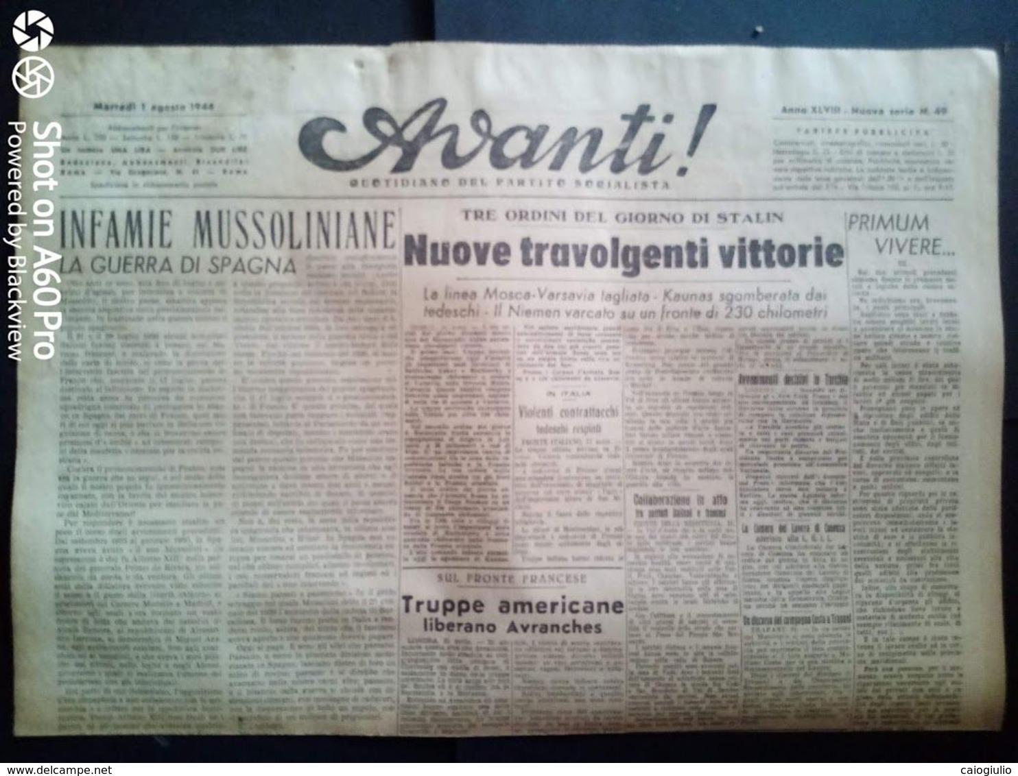 AVANTI (QUOTIDIANO DEL PARTITO SOCIALISTA) LOTTO X 6 DAL 1 Al 6 AGOSTO 1944 - Guerra 1939-45