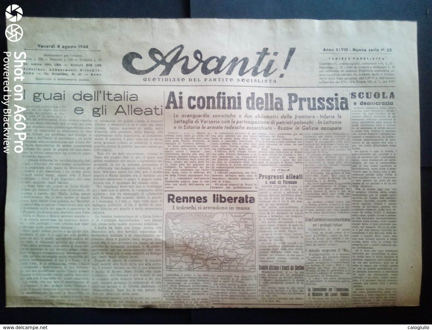 AVANTI (QUOTIDIANO DEL PARTITO SOCIALISTA) LOTTO X 6 DAL 1 Al 6 AGOSTO 1944 - Guerra 1939-45