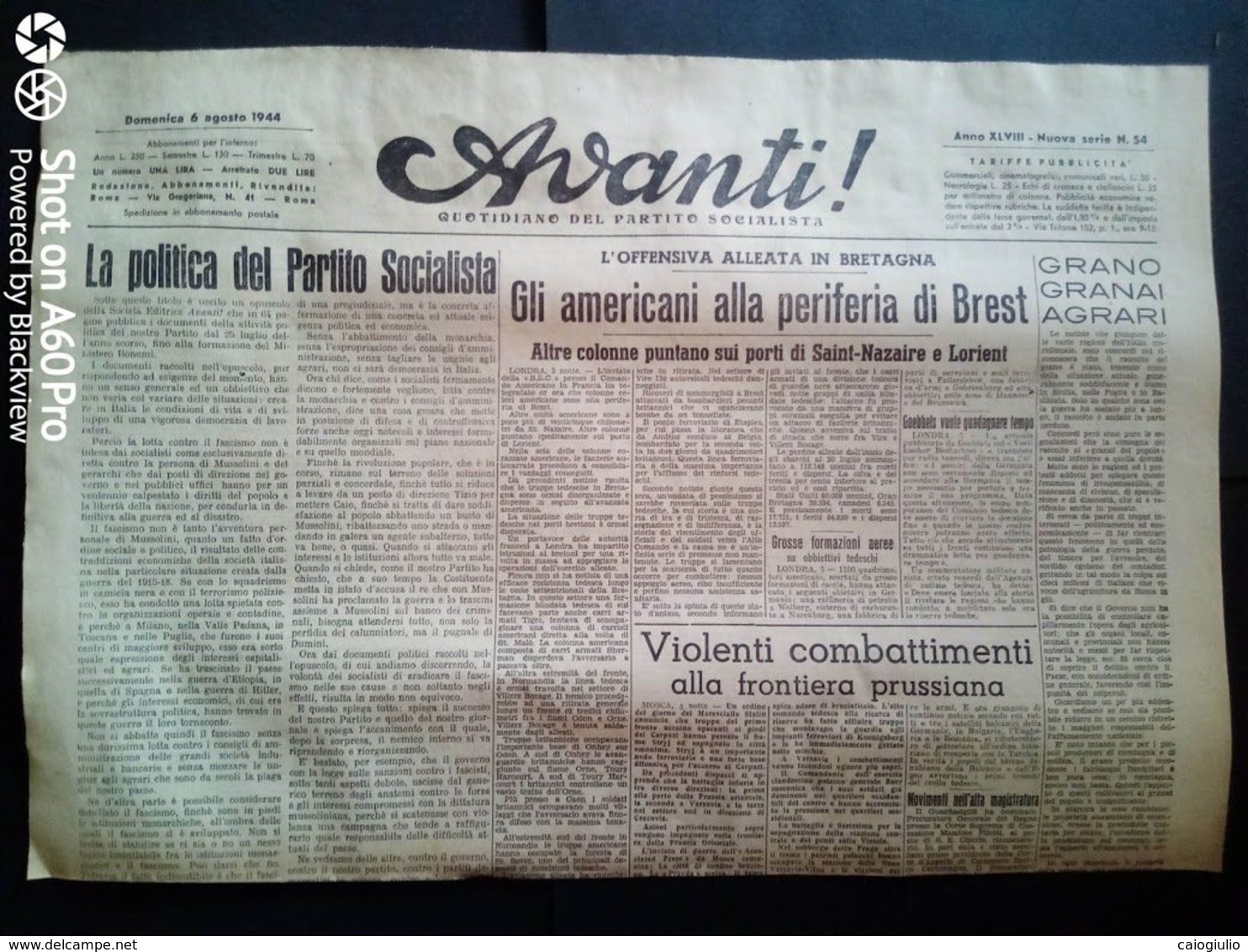 AVANTI (QUOTIDIANO DEL PARTITO SOCIALISTA) LOTTO X 6 DAL 1 Al 6 AGOSTO 1944 - Guerra 1939-45