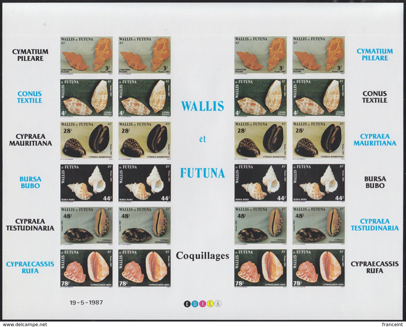 WALLIS & FUTUNA (1985) Shells. Imperforate Sheet Of 24 Showing Names Of Shells In Margin. Scott Nos 320-5 - Sin Dentar, Pruebas De Impresión Y Variedades