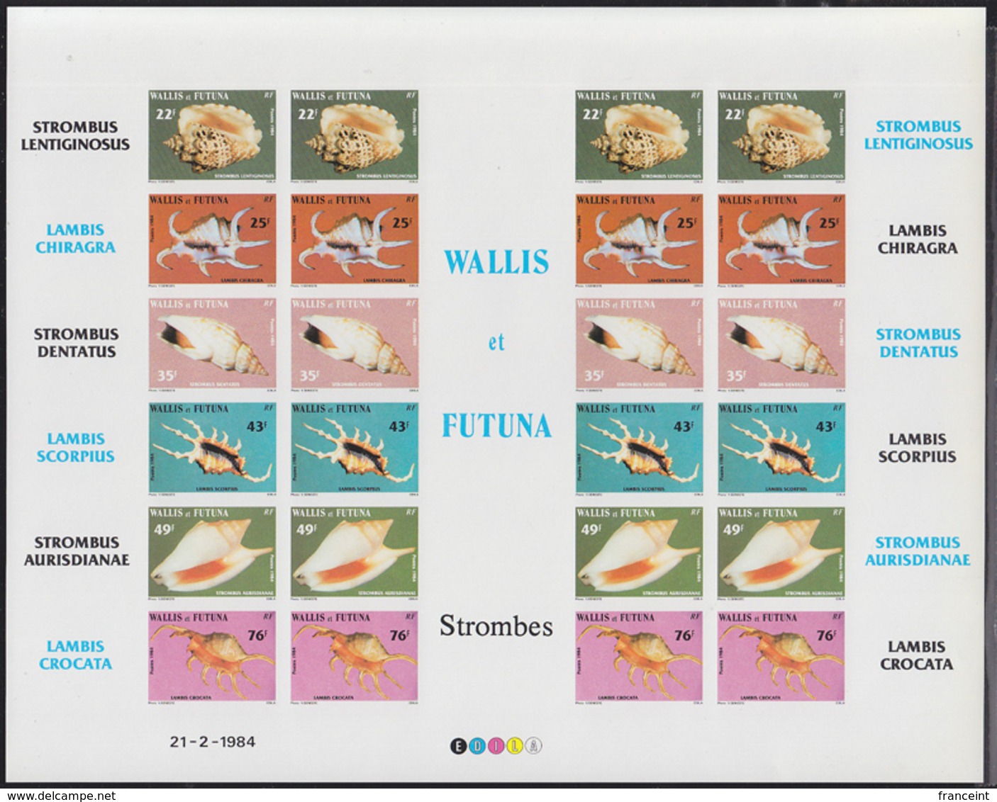 WALLIS & FUTUNA (1983) Shells. Imperforate Sheet Of 24 Showing Names Of Shells In Margin. Scott Nos 306//14 - Sin Dentar, Pruebas De Impresión Y Variedades