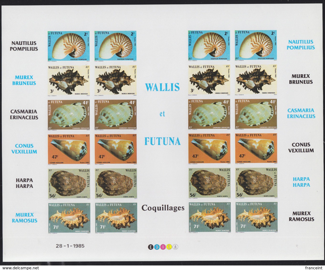 WALLIS & FUTUNA (1985) Shells. Imperforate Sheet Of 24 Showing Names Of Shells In Margin. Scott Nos 320-5 - Sin Dentar, Pruebas De Impresión Y Variedades