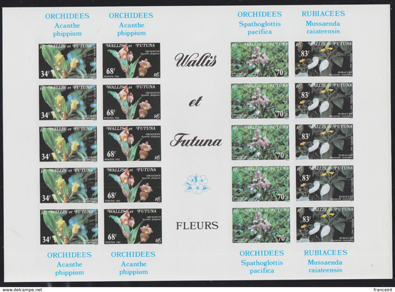 WALLIS & FUTUNA (1982) Orchids. Rubacieas. Yvert Nos 286-9. Scott Nos 283-6. Feuille Complète Non Dentelée. - Sin Dentar, Pruebas De Impresión Y Variedades