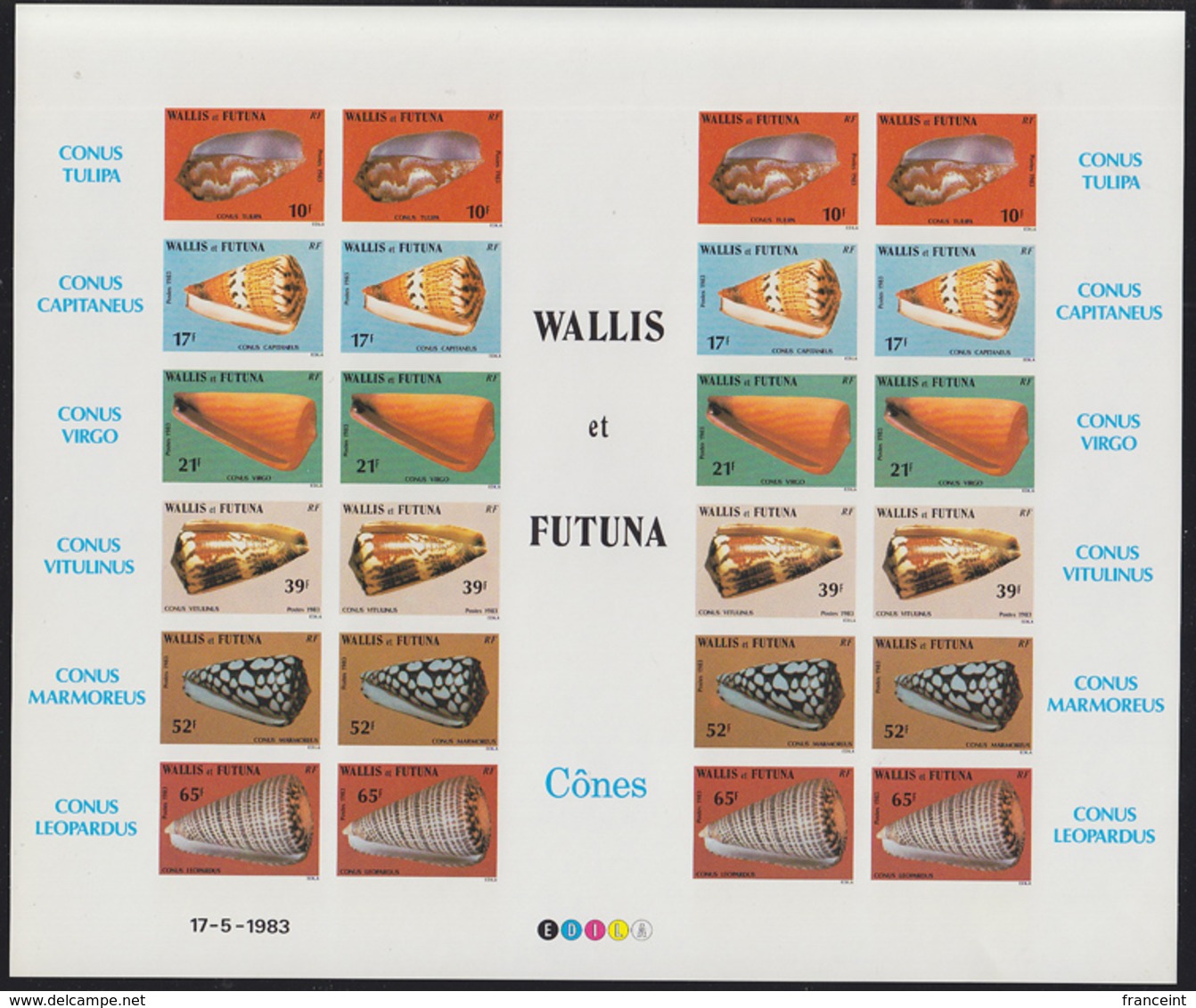 WALLIS & FUTUNA (1983) Cone Shells. Imperforate Sheet Of 24 Showing Names Of Shells In Margin. Scott Nos 303//13 - Imperforates, Proofs & Errors