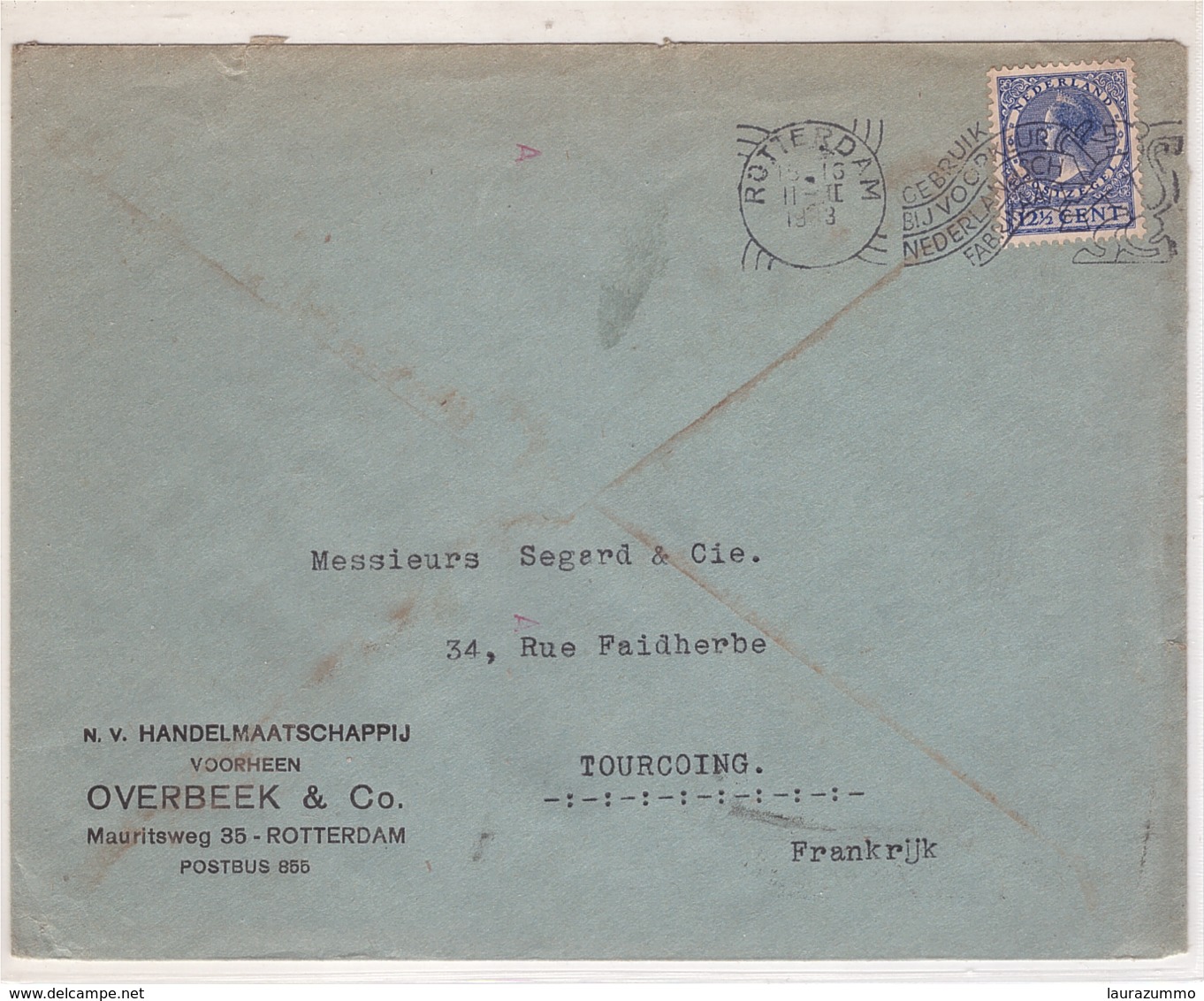 PAYS-BAS - NEDERLAND - HOLLANDE - Lettre OVERBEEK  Rotterdam Pour Toucoing - Obl 1933 - Non Classificati