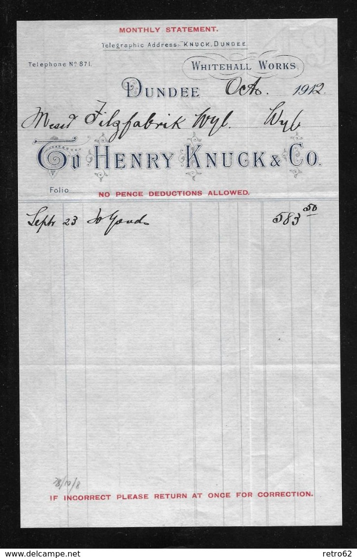 1912 DUNDEE → Monthly Statement Telegraphic Address Henry Knuck & Co. - Royaume-Uni