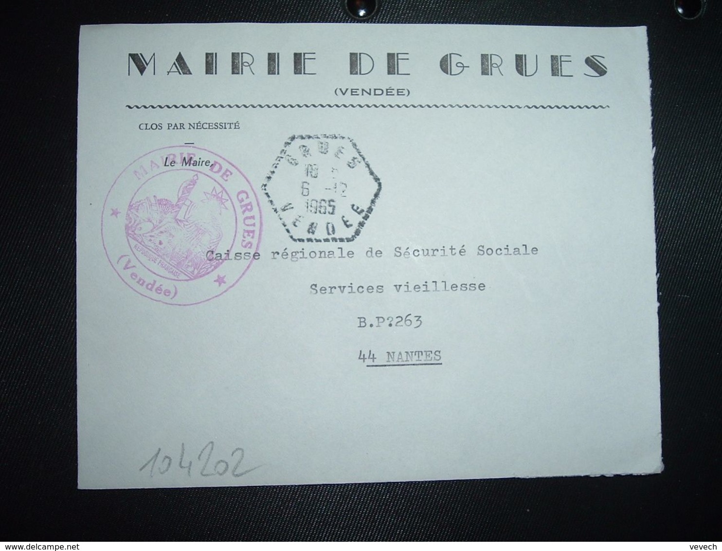 LETTRE MAIRIE OBL. HEXAGONALE Tiretée 6-12 1965 GRUES VENDEE (85) - Matasellos Manuales