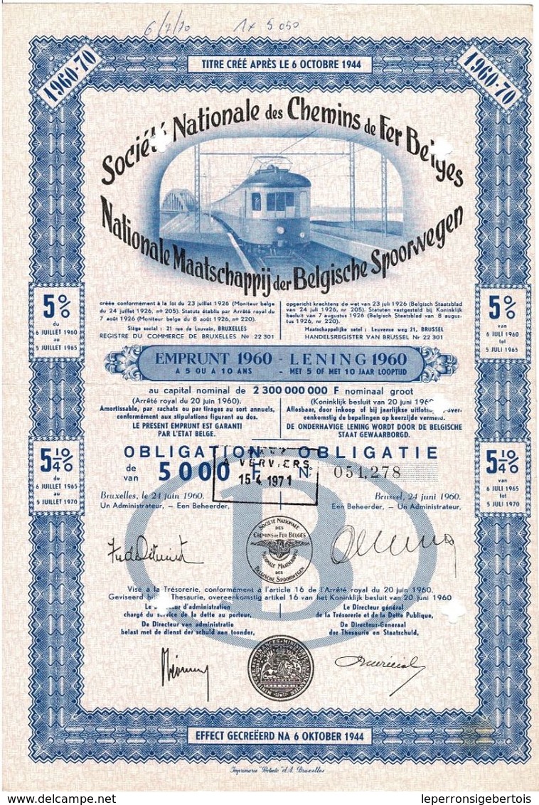 Titre Ancien- Société Nationale Des Chemins De Fer Belges (SNCB) - Obligation De 1960 - Chemin De Fer & Tramway