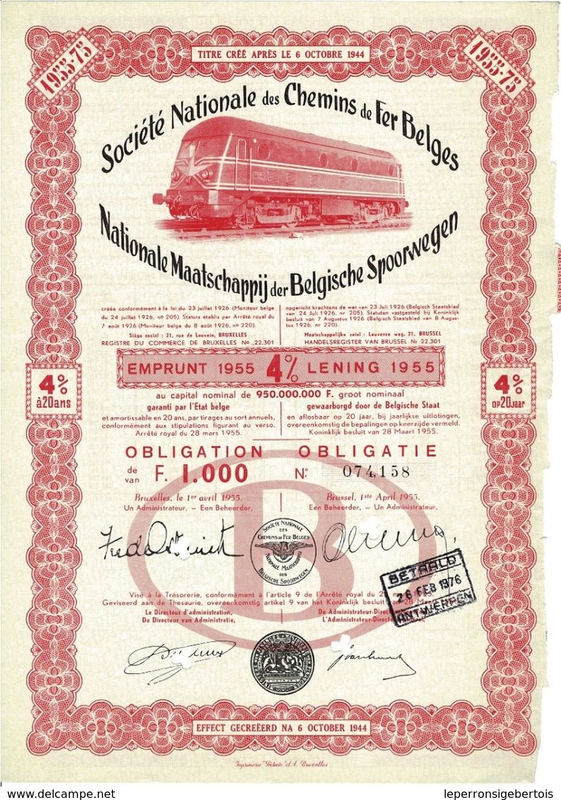 Titre Ancien- Société Nationale Des Chemins De Fer Belges (SNCB) - Obligation De 1955 - Ferrocarril & Tranvías