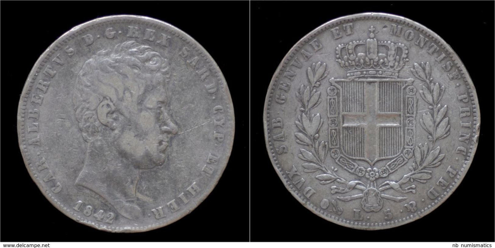 Italy Carlo Alberto 5 Lire 1842 - Governo Rivoluzionario Provvisiorio