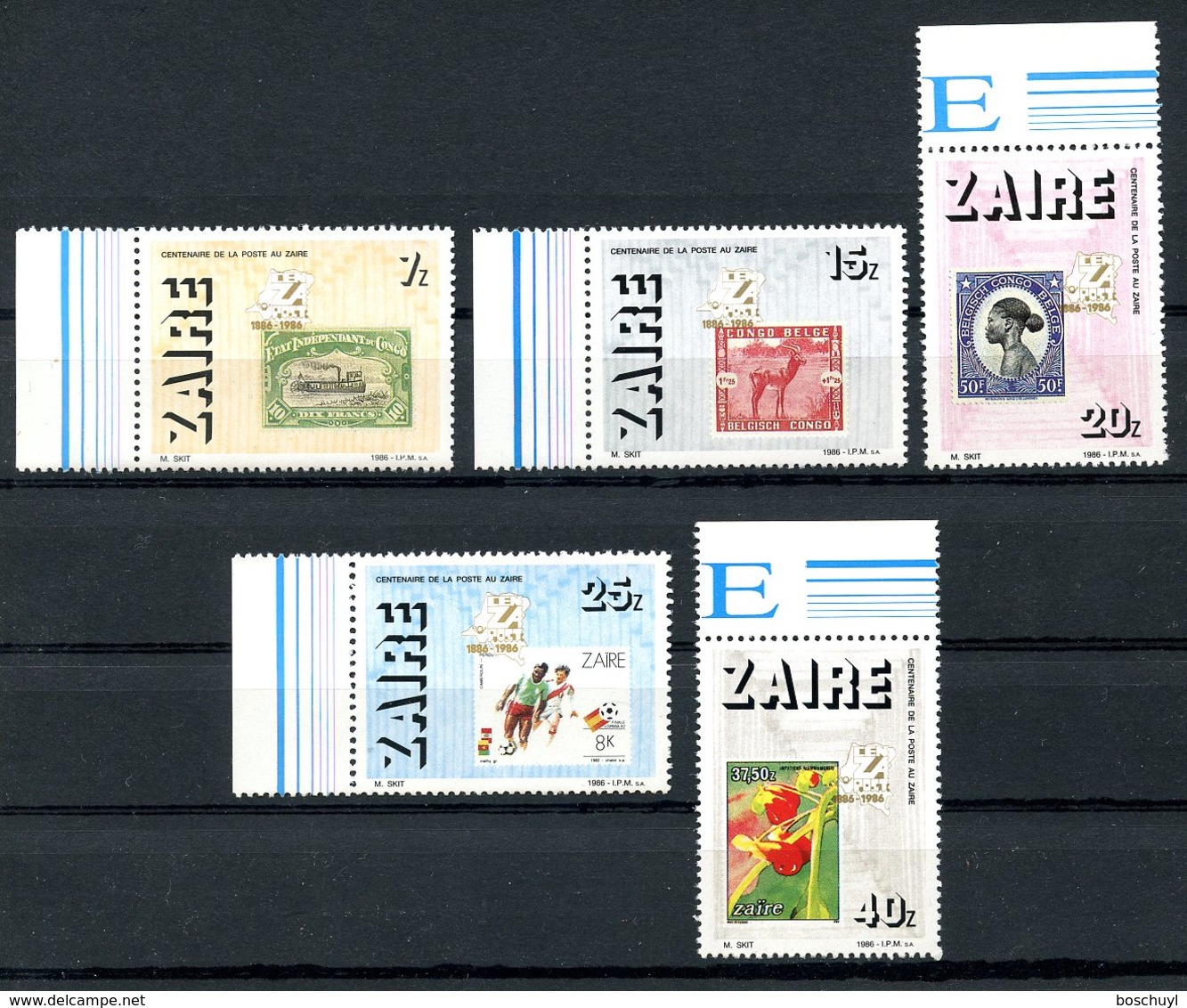 Zaire, 1986, Postal Centenary, Stamps On Stamps, MNH, Michel 933-937 - Autres & Non Classés