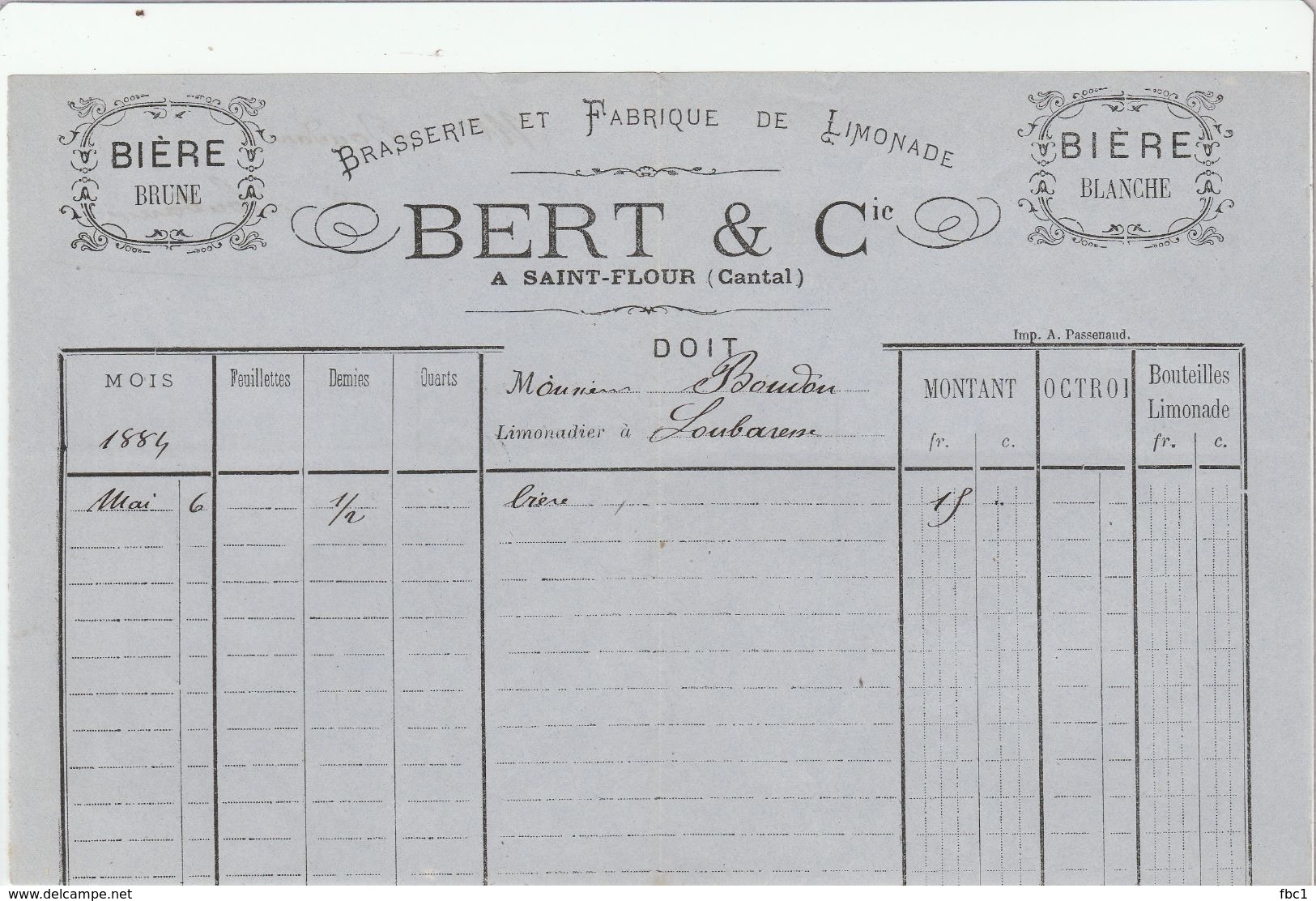 Cantal - Saint Flour - Bert Et Cie - Brasserie Et Fabrique De Limonade - Bières 1884 - 1800 – 1899