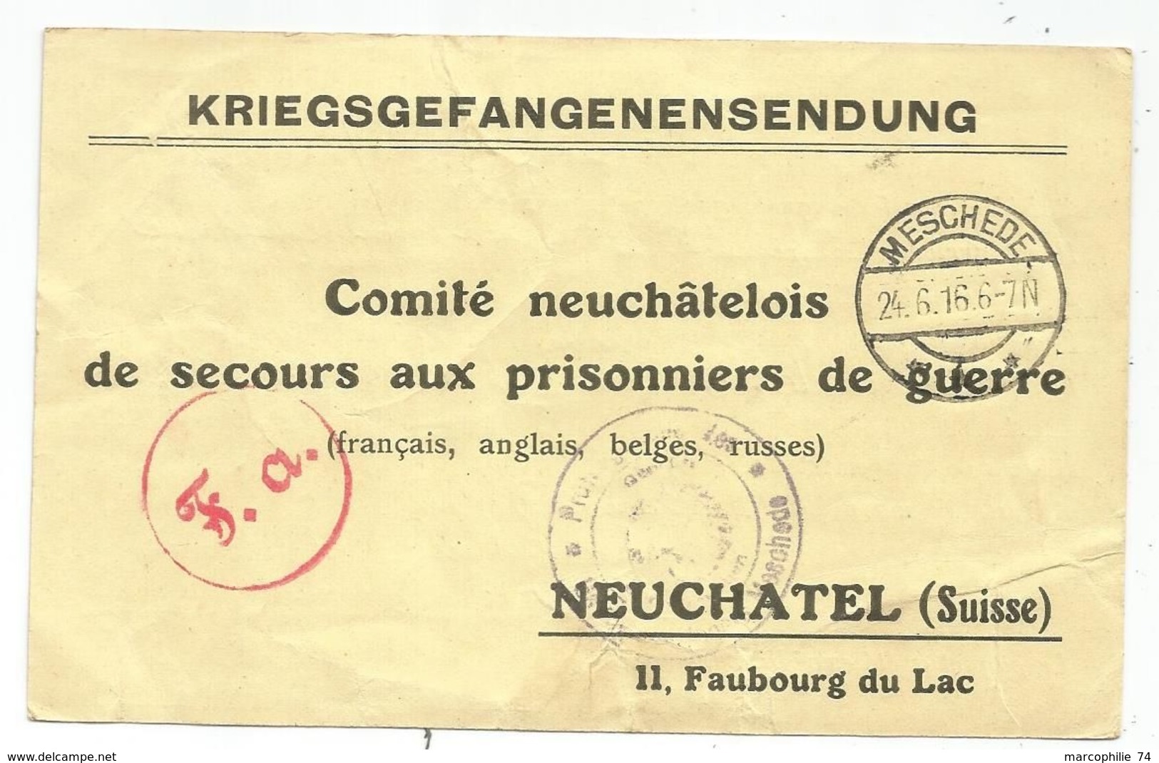 GERMANY MESCHEDE 24.6.1916 POSTKARTE KRIEGS POUR COMITE NEUCHATEL SUISSE PRISONNIERS DE GUERRE SERVCE DES PAQUETS - Lettres & Documents