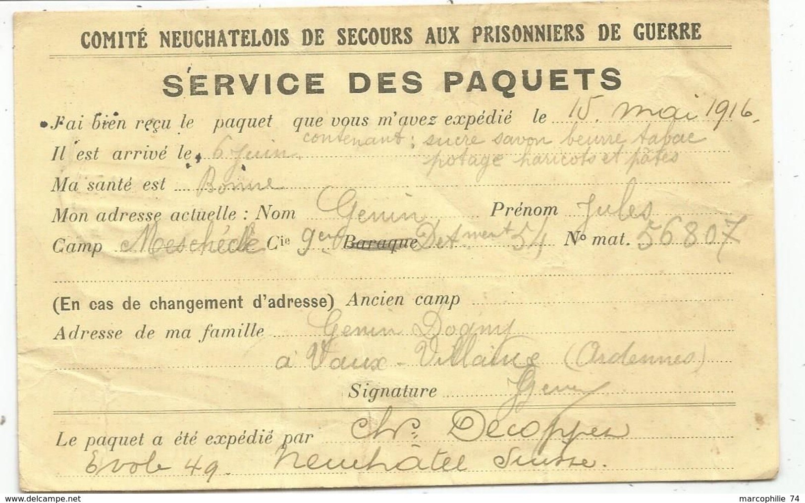 GERMANY MESCHEDE 24.6.1916 POSTKARTE KRIEGS POUR COMITE NEUCHATEL SUISSE PRISONNIERS DE GUERRE SERVCE DES PAQUETS - Lettres & Documents